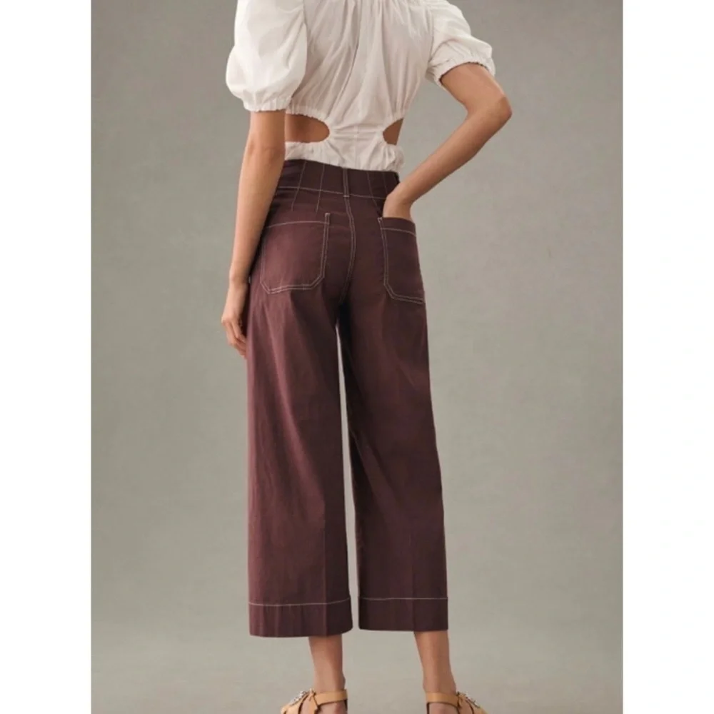Maeve Colette Wide Leg Pants Special Contrast Stitch Edition Burgundy 24 - Picture 3 of 6